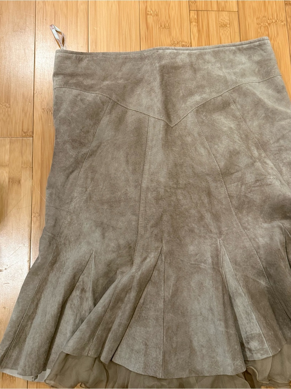 June Taupe Genuine Leather Suede Flared Skirt with Ruffle Hem - Picture 2 of 6